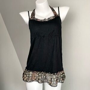 Floral Trim Black Halter Top
